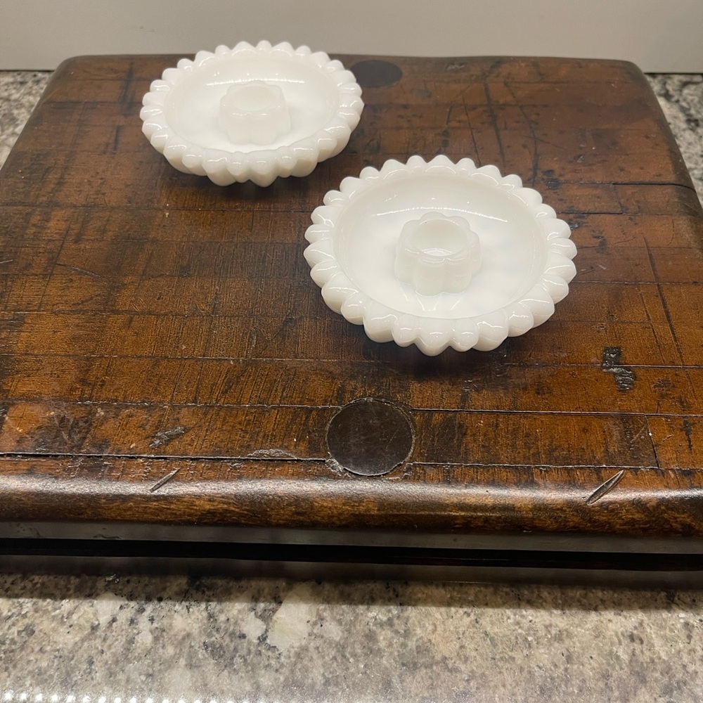 Vintage Hazel-Atlas White Milk Glass Scalloped Daisy/ Sunflower Candle Holders